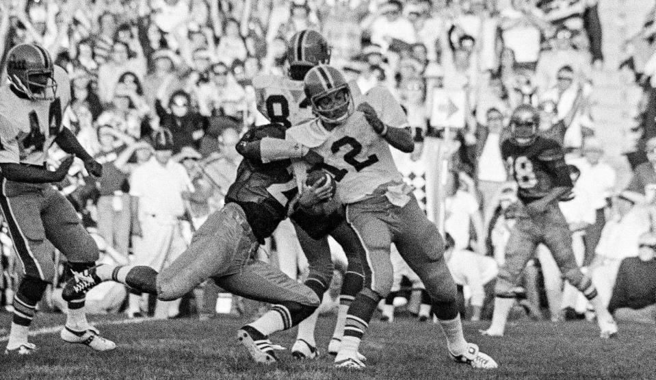 Before Luther Bradley was selected by the Detroit Lions in the first round of the 1978 NFL Draft, he made himself known to opposing offensive players throughout college football, including Pittsburgh's Matt Cavanaugh (12) during Notre Dame's 1976 season opener.
