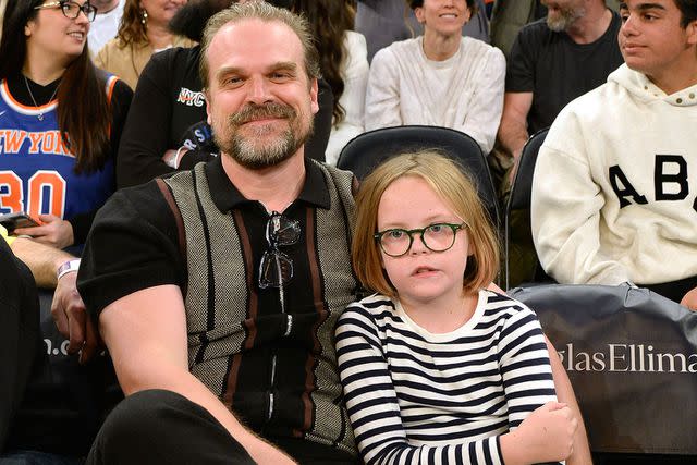 Michael Simon/Shutterstock David Harbour with his step-daughter Ethel at an NBA game in New York.