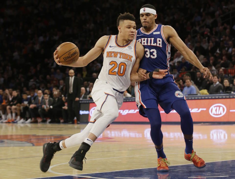 Knicks rookie Kevin Knox dunked all over Ben Simmons. (AP Photo/Frank Franklin II)