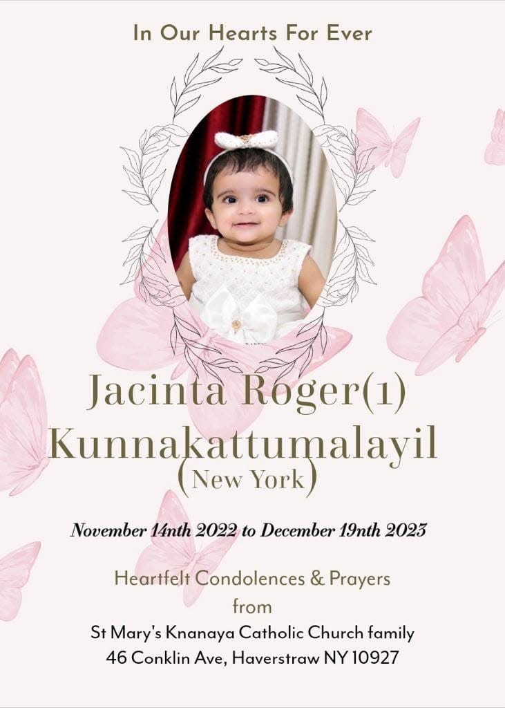 Jacinta Roger Kunnakattumalayil, age 1, was killed after a major crash on Route 303 in Valley Cottage Tuesday, Dec. 19, 2023. Her mother Chinnu, 31, and brother Johan, 3, remain in the hospital.