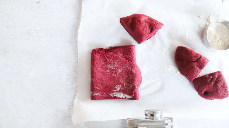beet pasta rolled and folded