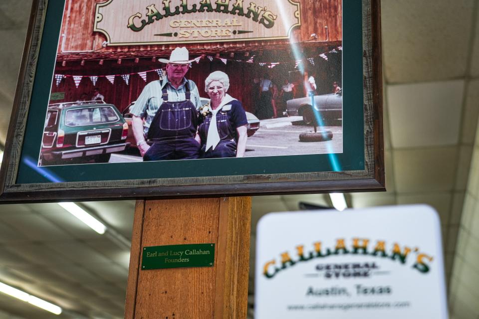 A photo of founders Earl and Lucy Callahan is displayed Monday inside Callahan's General Store.