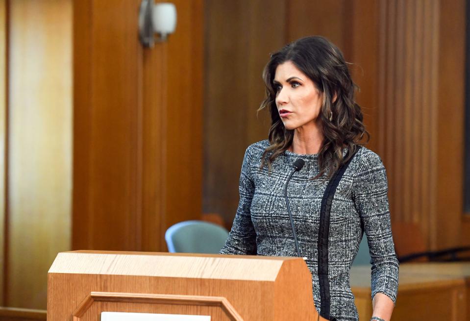 Governor Kristi Noem answers questions during an update on the investigation of the Saturday Sept. 12 crash involving Attorney General Jason Ravnsborg on Tuesday, October 13, at City Hall in Sioux Falls. 