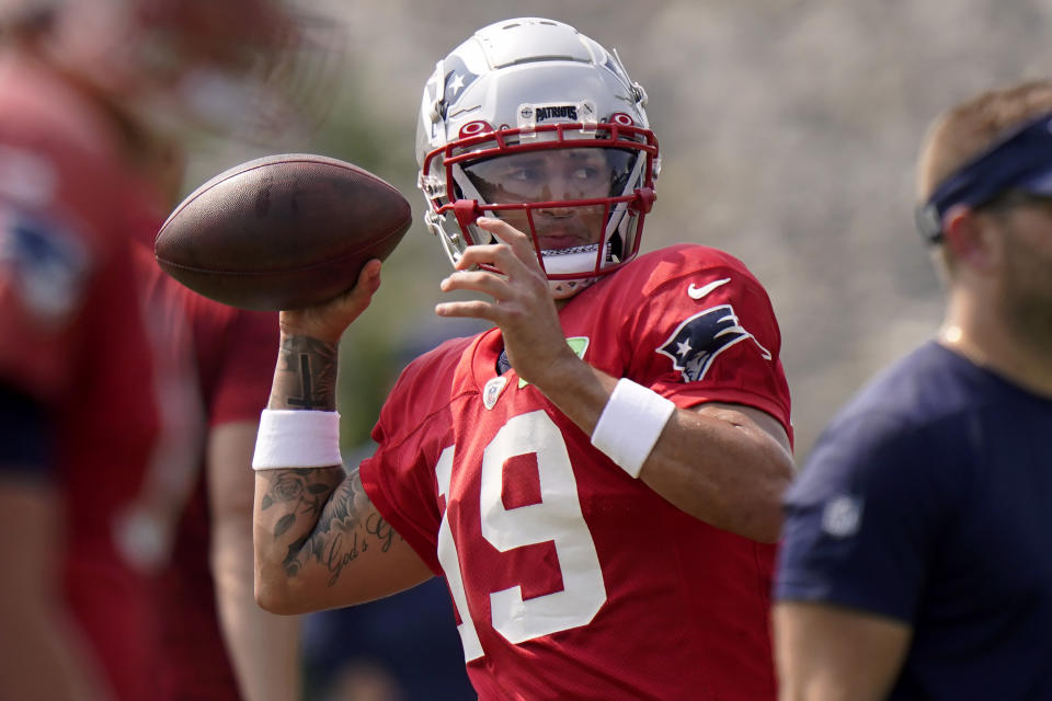 New England Patriots quarterback Matt Corral throws a pass during NFL football practice, Wednesday, Sept. 6, 2023, in Foxborough, Mass. (AP Photo/Steven Senne)