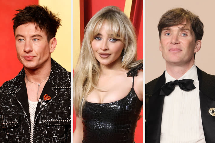 Three celebrities at an event; a man in a sparkly jacket, a woman in a black sequined dress, and a man in a tuxedo with a bow tie