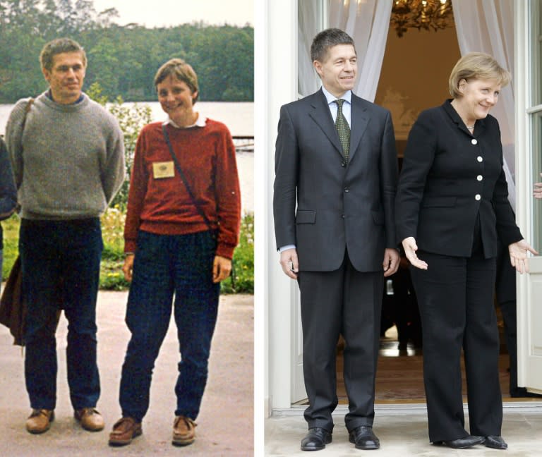 A young Merkel in 1989 with her husband Joachim Sauer during summer school in Poland, and a picture of them taken in 2007 when she had been chancellor for two years