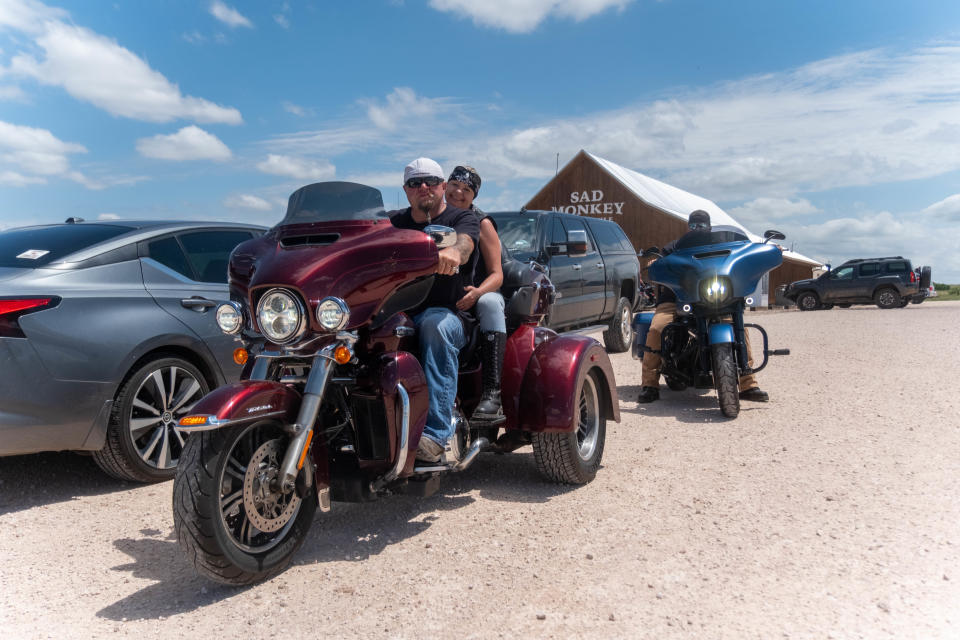 A group of riders leave Sad Monkey Mercantile near the Palo Duro Canyon Saturday during the Homeless Heroes Bike Run.