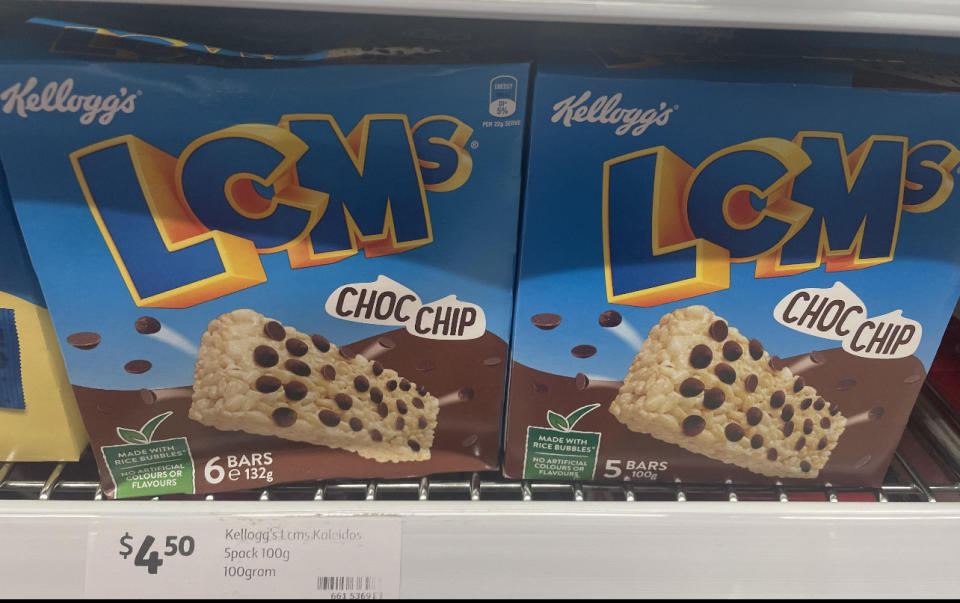 Two packets of Kellogg's LCMs as seen in Coles.