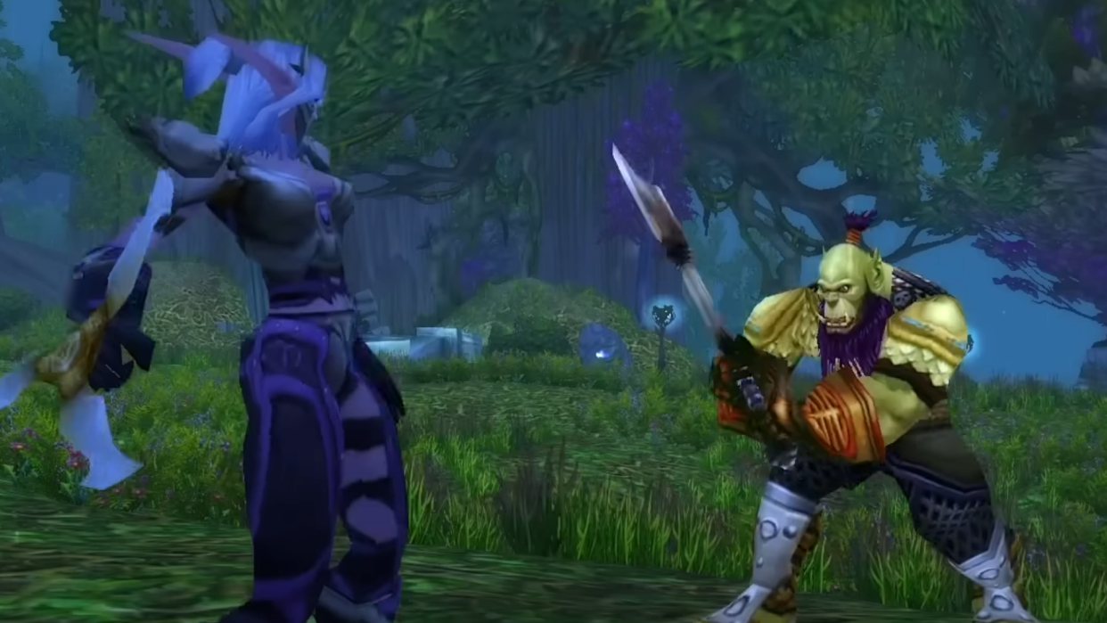  A night elf faces off against an orc warrior in World of Warcraft Classic, amidst the dense shadowy woodland of Ashenvale. 