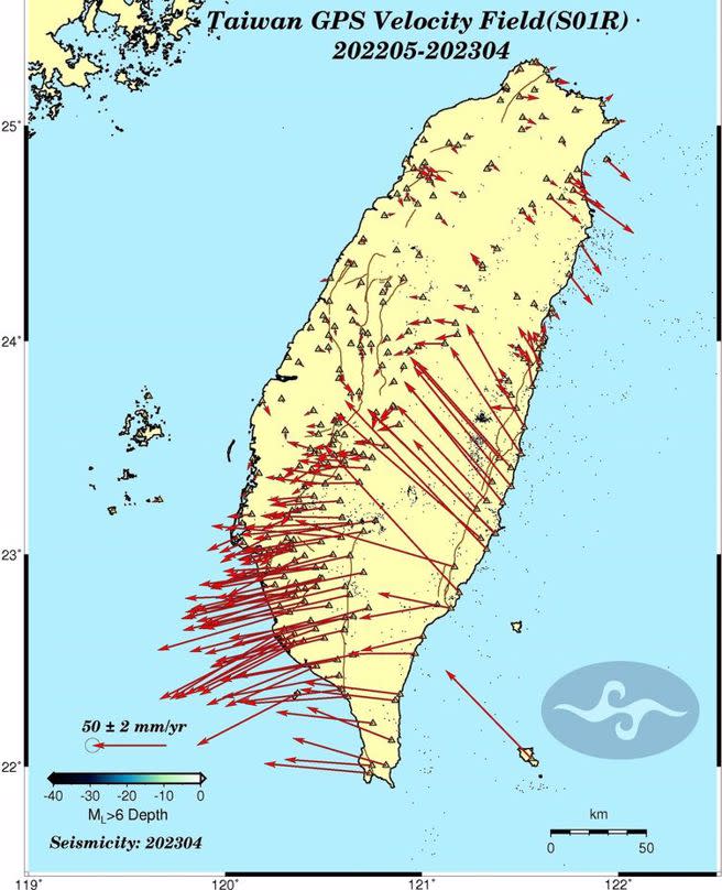 中央氣象局今天公布「地表位移速度場月報」，台灣持續變形中。（翻攝自報地震 - 中央氣象局FB）