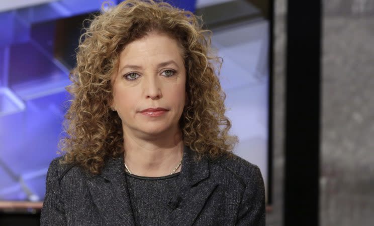 Chair of the Democratic National Committee and U.S. Rep Debbie Wasserman Schultz, D-FL, is interviewed on the Fox Business Network, in New York Monday, March 21, 2016. (AP Photo/Richard Drew)