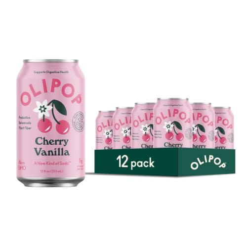 OLIPOP - Cherry Vanilla Sparkling Tonic, Healthy Soda, Prebiotic Soft Drink, Aids Digestive Health, Contains Prebiotics & 9g of Plant Fiber, Caffeine Free, Low Calorie, Low Sugar (12 oz, 12-Pack)