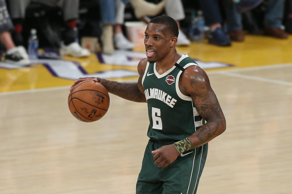 Milwaukee Bucks guard Eric Bledsoe (6) during the Milwaukee Bucks vs Los Angeles Lakers game on March 06, 2020, at Staples Center.