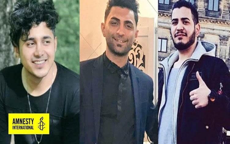 Iranians Amirhossein Moradi, 26, Saeed Tamjidi, 28, and Mohamad Rajabi, 26, are seen in file photos provided by Amnesty International. All three men were sentenced to death in February 2020 for taking part in anti-government protests in Iran in November the previous year. / Credit: Amnesty International