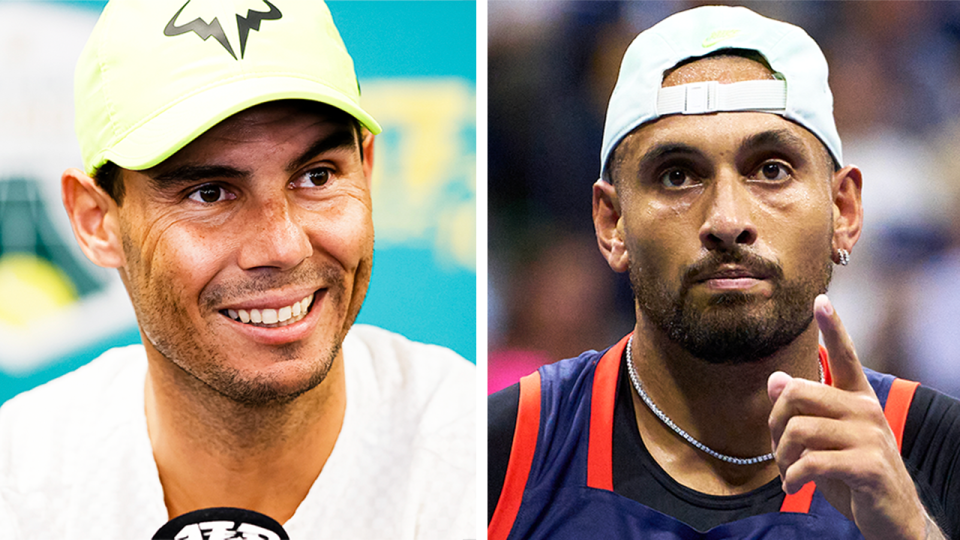 Nick Kyrgios (pictured right) during a match and (pictured left) Rafa Nadal speaking in a press conference.