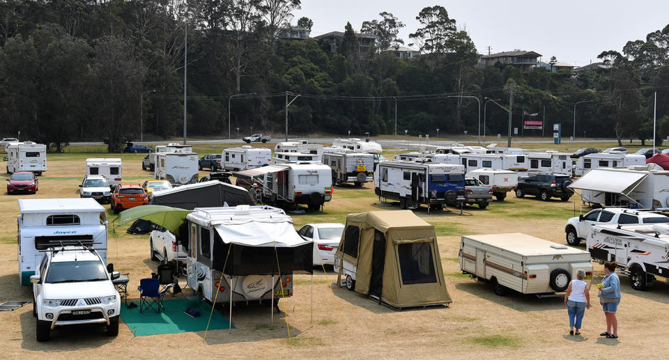 The rapidly filling evacuation centre at Batemans Bay. The South Coast region was devastated on NYE by bushfire and is under threat again with extreme fire danger, high temperatures in the 40's and strong westerly winds expected. Source: AAP