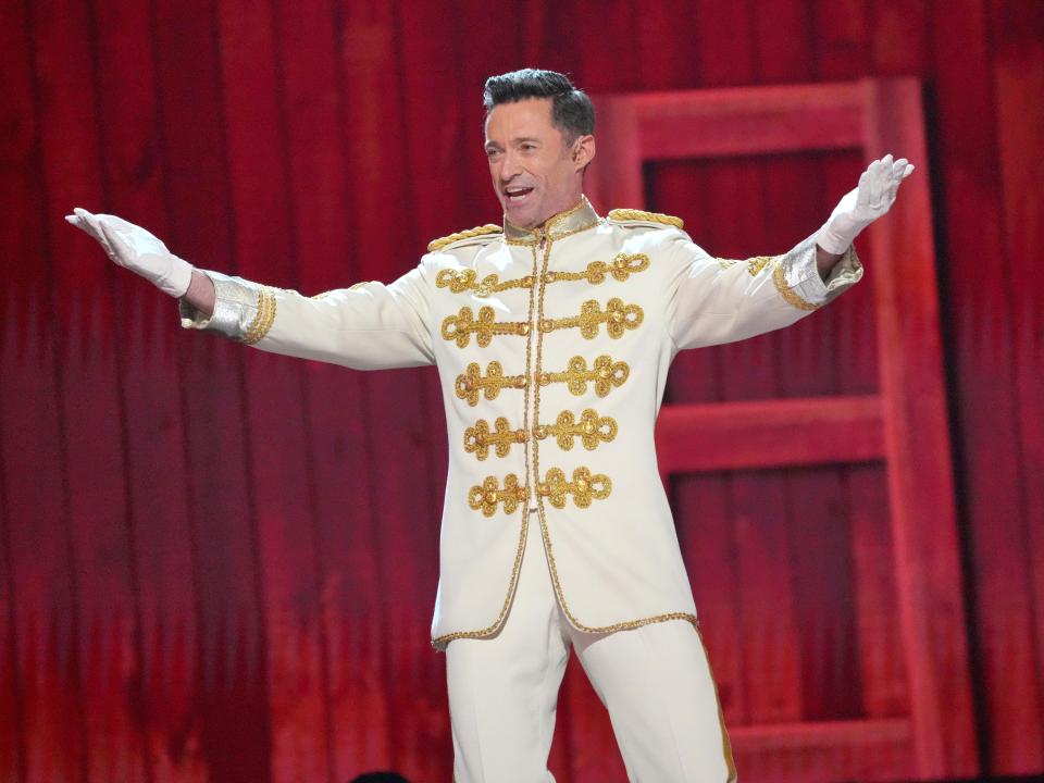 Hugh Jackman performs a number from "The Music Man" onstage during the 75th Annual Tony Awards on June 12, 2022.
