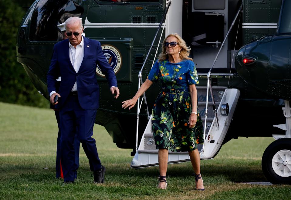 President Joe Biden and first lady Jill Biden return to the White House on July 7 in Washington, D.C. Members of Congress returned to Washington this week as pressure for Biden to withdraw as the Democratic nominee for the presidency continues to mount.