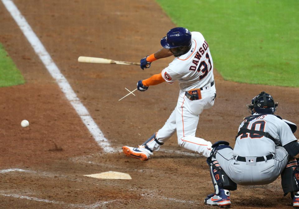 Apr 14, 2021; Houston, Texas, USA; Houston Astros designated hitter Ronnie Dawson (31) shatters his bat against the Detroit Tigers in the fifth inning at Minute Maid Park. Mandatory Credit: Thomas Shea-USA TODAY Sports