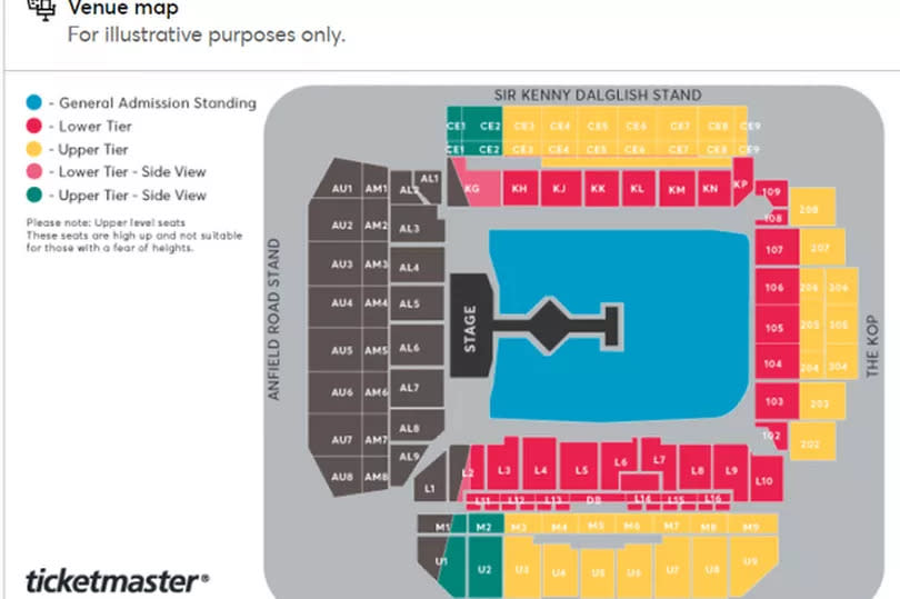 The seating plan for Taylor Swift's Eras Tour at Liverpool Anfield Stadium