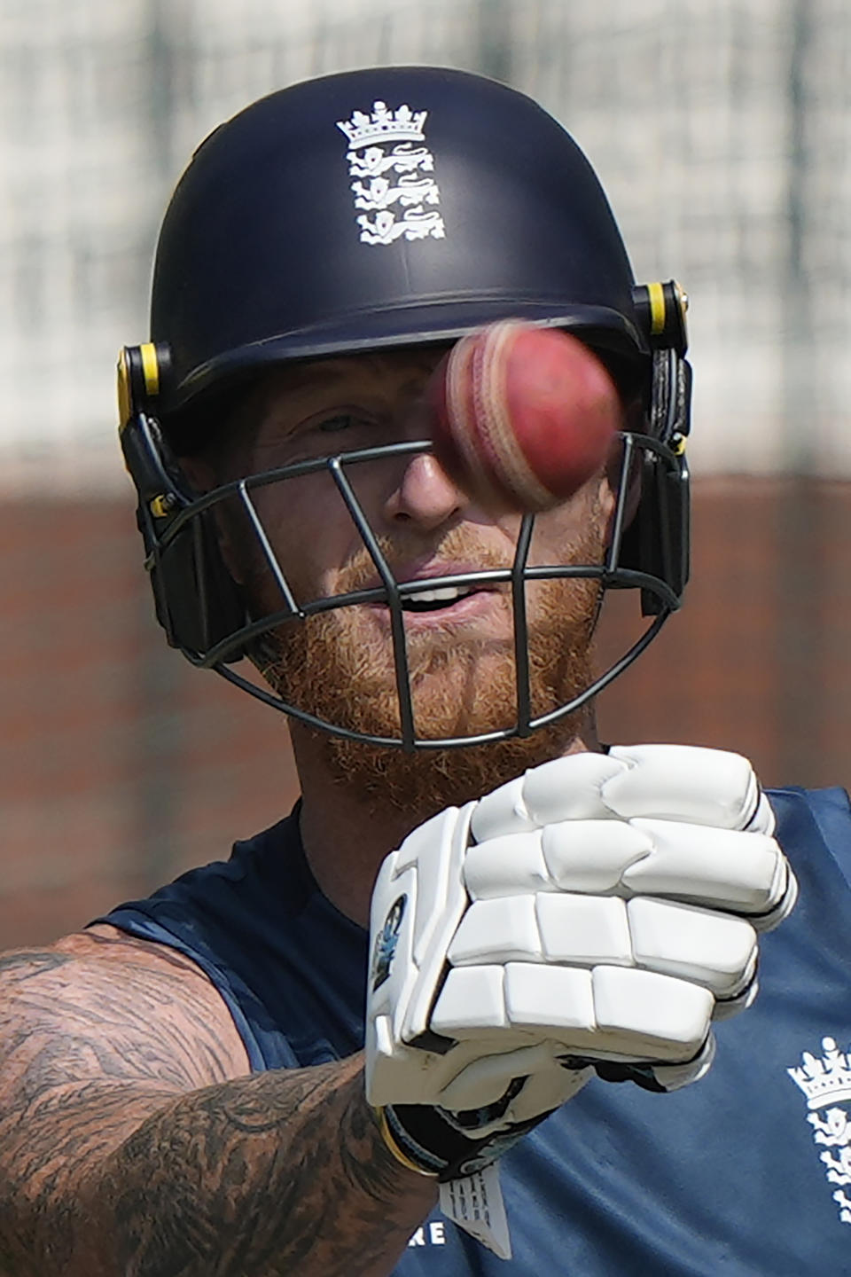 England's captain Ben Stokes attends a practice session ahead of their first cricket test match against India in Hyderabad, India, Tuesday, Jan. 23, 2024. (AP Photo/Mahesh Kumar A.)