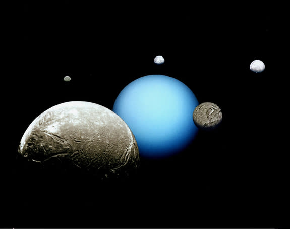 Uranus and its five major moons are depicted in this montage of images acquired by the Voyager 2 spacecraft. The moons, from largest to smallest as they appear here, are Ariel, Miranda, Titania, Oberon and Umbriel.