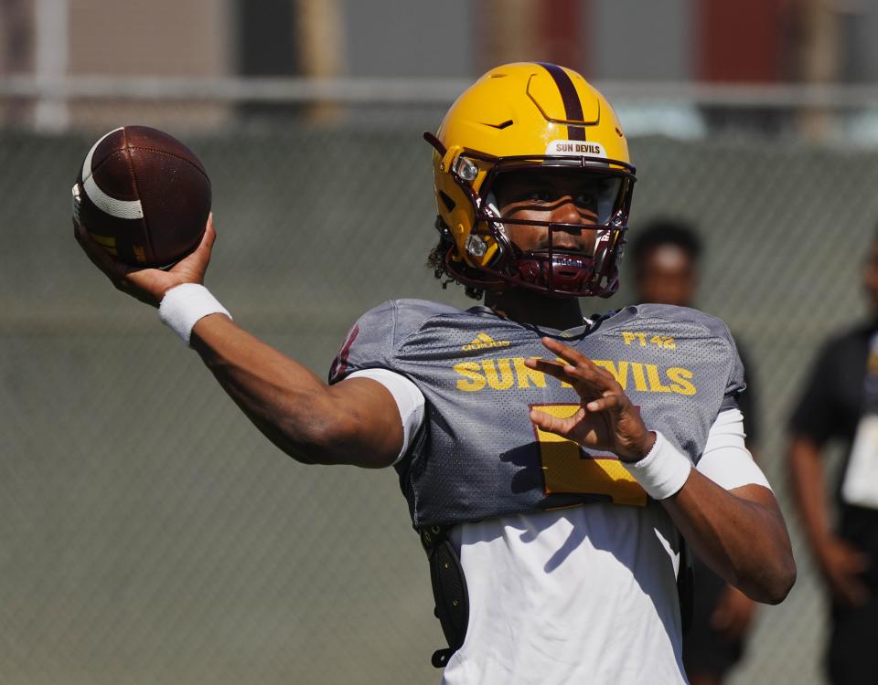 ASU quarterback Jaden Rashada (5) throws a pass during a spring practice at the Kajikawa practice fields in Tempe on April 16, 2024.