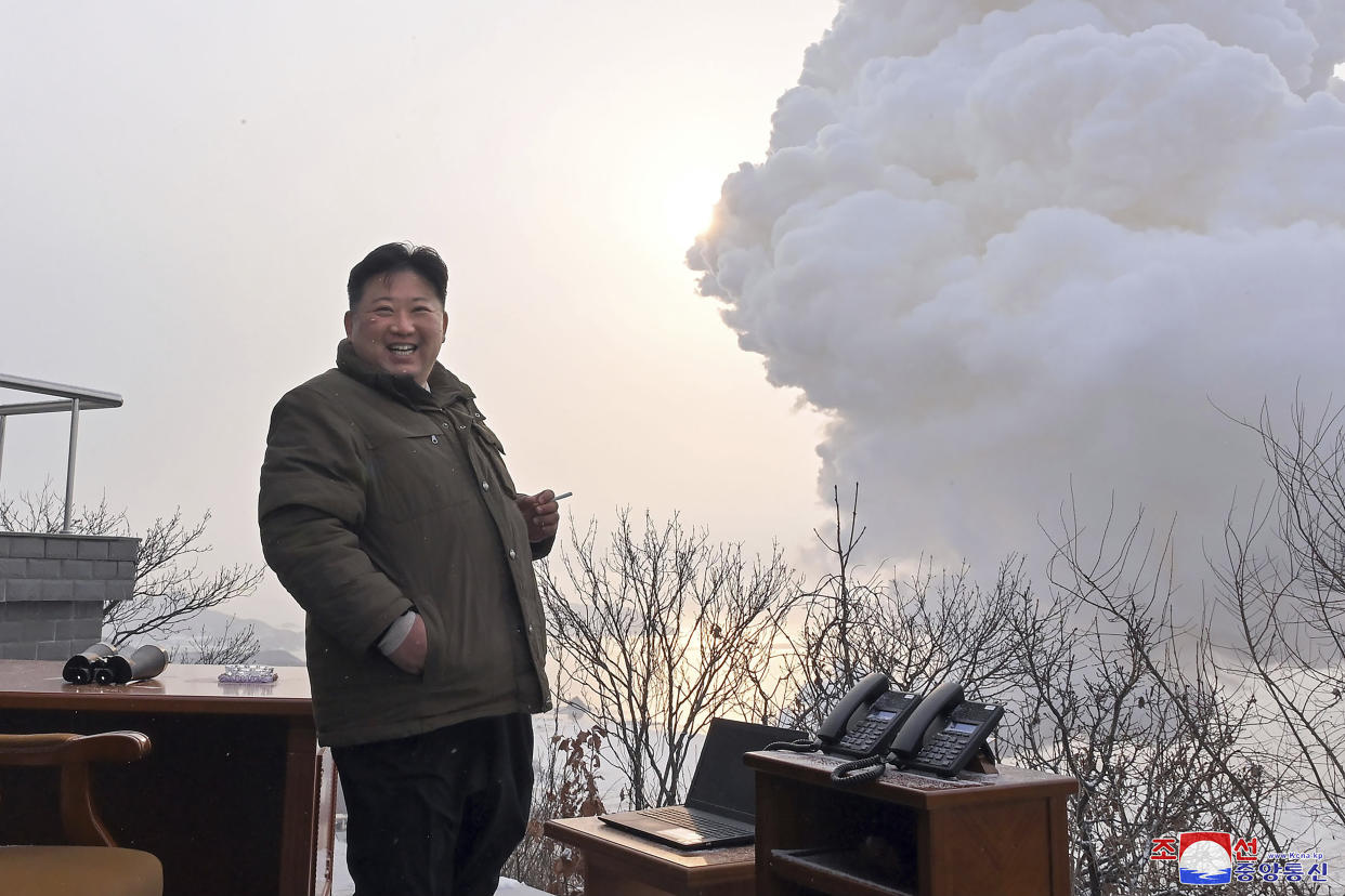 In this photo provided by the North Korean government, North Korean leader Kim Jong Un supervise what it says a test of "high-thrust solid-fuel motor" at the Sohae Satellite Launching Ground in North Korea Thursday, Dec. 15, 2022. Independent journalists were not given access to cover the event depicted in this image distributed by the North Korean government. The content of this image is as provided and cannot be independently verified. Korean language watermark on image as provided by source reads: "KCNA" which is the abbreviation for Korean Central News Agency. (Korean Central News Agency/Korea News Service via AP)