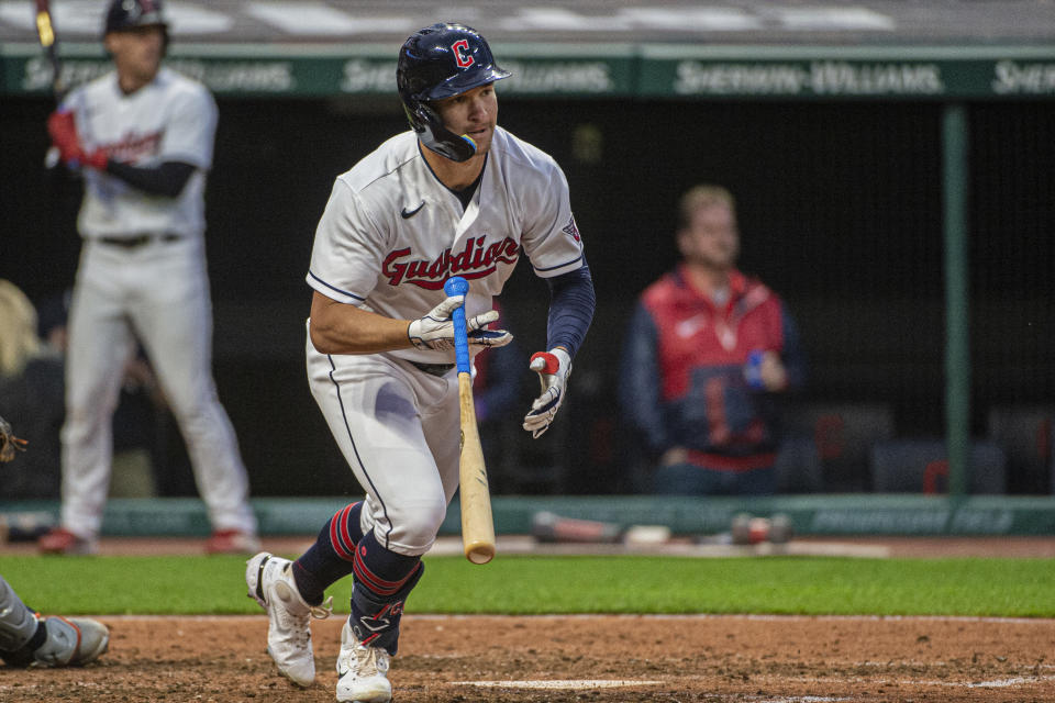 Cleveland Guardians' Will Brennan heads to first base after hitting a single off Detroit Tigers relief pitcher Will Vest during the seventh inning of a baseball game in Cleveland, Monday, May 8, 2023. (AP Photo/Phil Long)