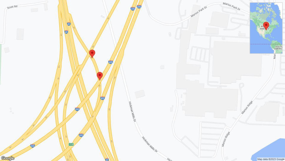 A detailed map that shows the affected road due to 'Crash update: Hickman Mills Drive' on December 24th at 4:01 p.m.