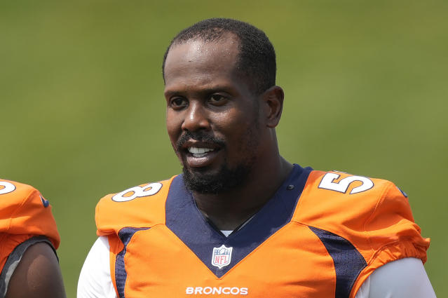 A dog wears the jersey of Denver Broncos outside linebacker Von Miller  before an NFL football game against the Tennessee Titans Sunday, Oct. 13,  2019, in Denver. (AP Photo/David Zalubowski Stock Photo 