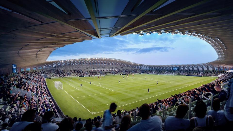 An interior view of the proposed stadium. (Credit: Zaha Hadid Architects)