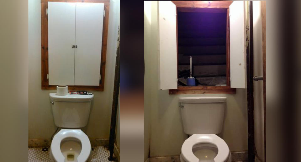 Facebook photos showing a man's discovery of stairs above a toilet. 