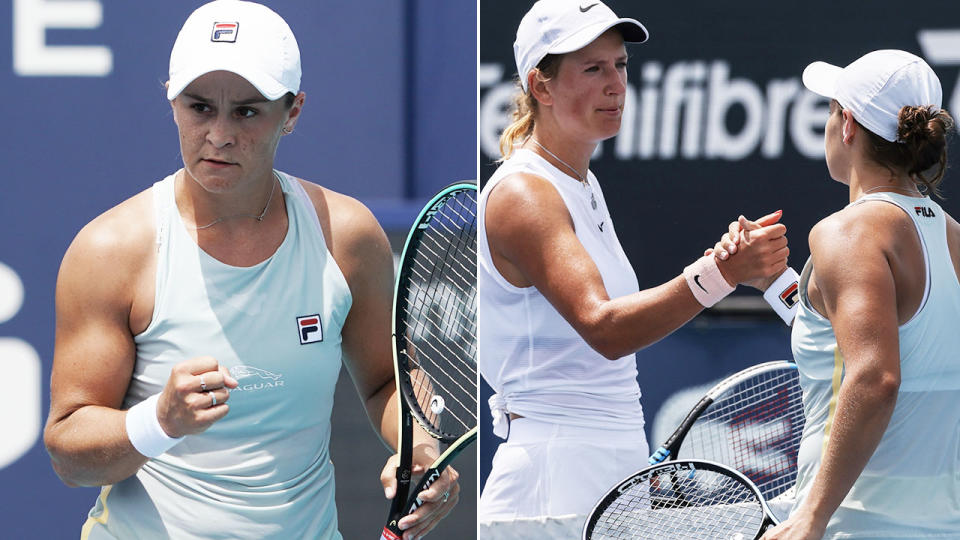 Ash Barty, pictured here in action against Victoria Azarenka at the Miami Open. 