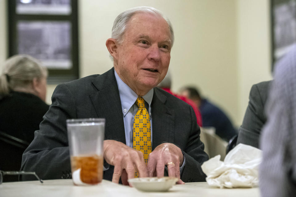 Former U.S. Attorney General Jeff Sessions campaigns for Alabama's Senate seat at the Blue Plate restaurant Thursday, Feb. 27, 2020, in Huntsville, Ala. Sessions faces a competitive primary Tuesday as he seeks to reclaim the U.S. Senate seat he held for 20 years. (AP Photo/Vasha Hunt)