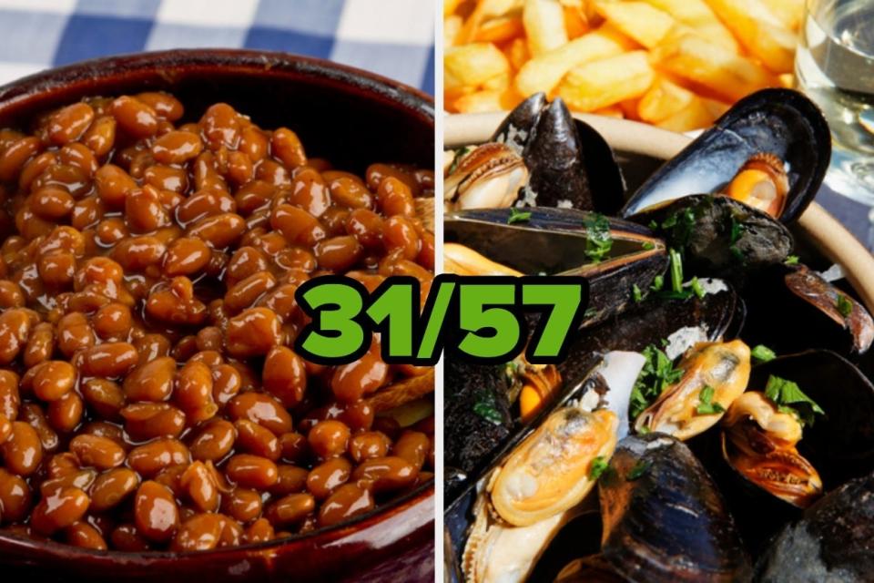 Baked beans and mussels with the numbers 31/57