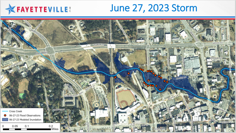 A diagram showing reports of flooding and a model estimating its extent in Downtown Fayetteville on June 27, 2023. The city is pursuing more than $580 million in projects to mitigate future flooding.