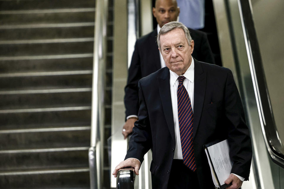 Image: Senate Majority Whip Dick Durbin, D-Il., walks to a closed-door briefing for senators at the U.S. Capitol on Feb. 14, 2023. (Anna Moneymaker / Getty Images)