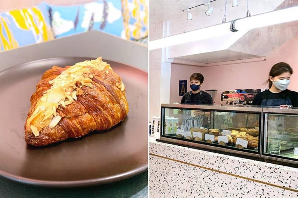 Almond croissant (left) and the helpful baristas (right).