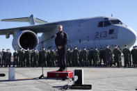 NATO Secretary-General Jens Stoltenberg delivers a speech to personnels of Japan Self Defence Forces at Iruma Air Base in Sayama, northwest of Tokyo, Tuesday, Jan. 31, 2023. (AP Photo/Eugene Hoshiko)