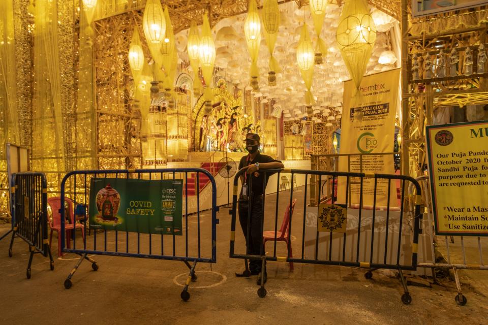 Barricades at Mudiali Club pandal at South Kolkata.