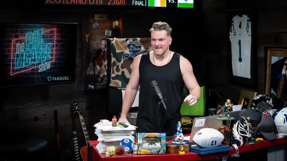 Pat McAfee broadcasting from his studio in Indianapolis.