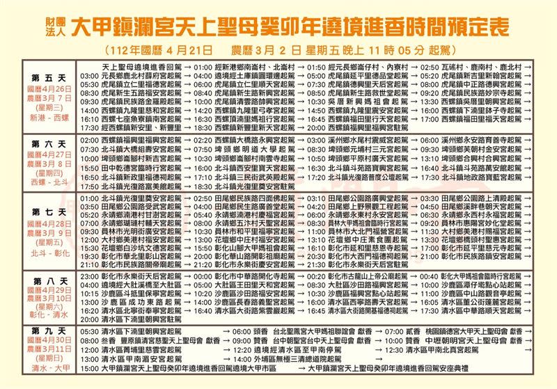 大甲媽遶境每年會到西螺福興宮。2023大甲媽遶境路線圖。（圖／翻攝自大甲鎮瀾宮官方臉書）