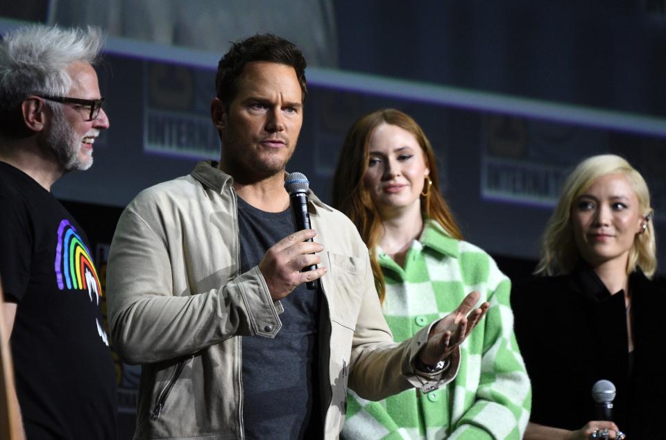Director James Gunn (from left) and stars Chris Pratt, Karen Gillan and Pom Klementieff were on hand to talk about "Guardians of the Galaxy Vol. 3."