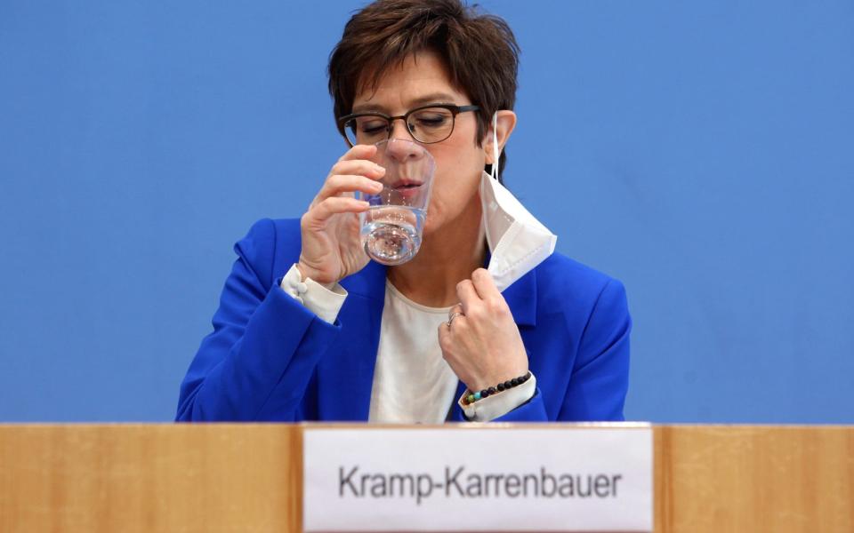 Mandatory Credit: Photo by MS CHS/POOL/EPA-EFE/Shutterstock (11846105r) Annegret Kramp-Karrenbauer (CDU), Federal Minister of Defence, attends a press conference on 'Your Year for Germany' service in Berlin, Germany, 06 April 2021. The German army Bundeswehr begins training for the new voluntary service in homeland security. Start of training for voluntary service in homeland security in Germany, Berlin - 06 Apr 2021 - MS CHS/POOL/EPA-EFE/Shutterstock