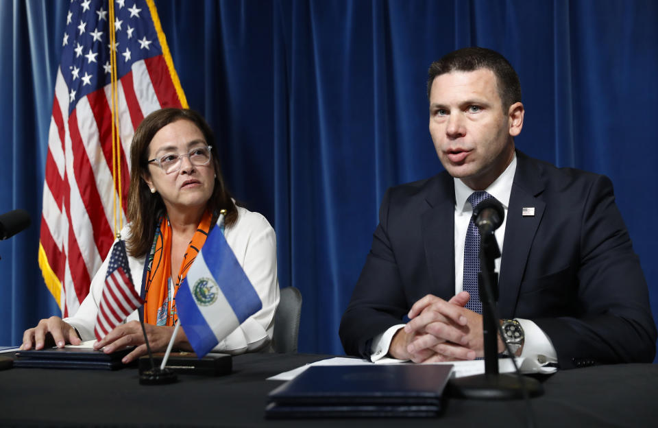 Acting Secretary of Homeland Security Kevin McAleenan speak during a news conference with El Salvador Foreign Affairs Minister Alexandra Hill at the U.S. Customs and Border Protection headquarters in Washington, Friday, Sept. 20, 2019. (AP Photo/Pablo Martinez Monsivais)