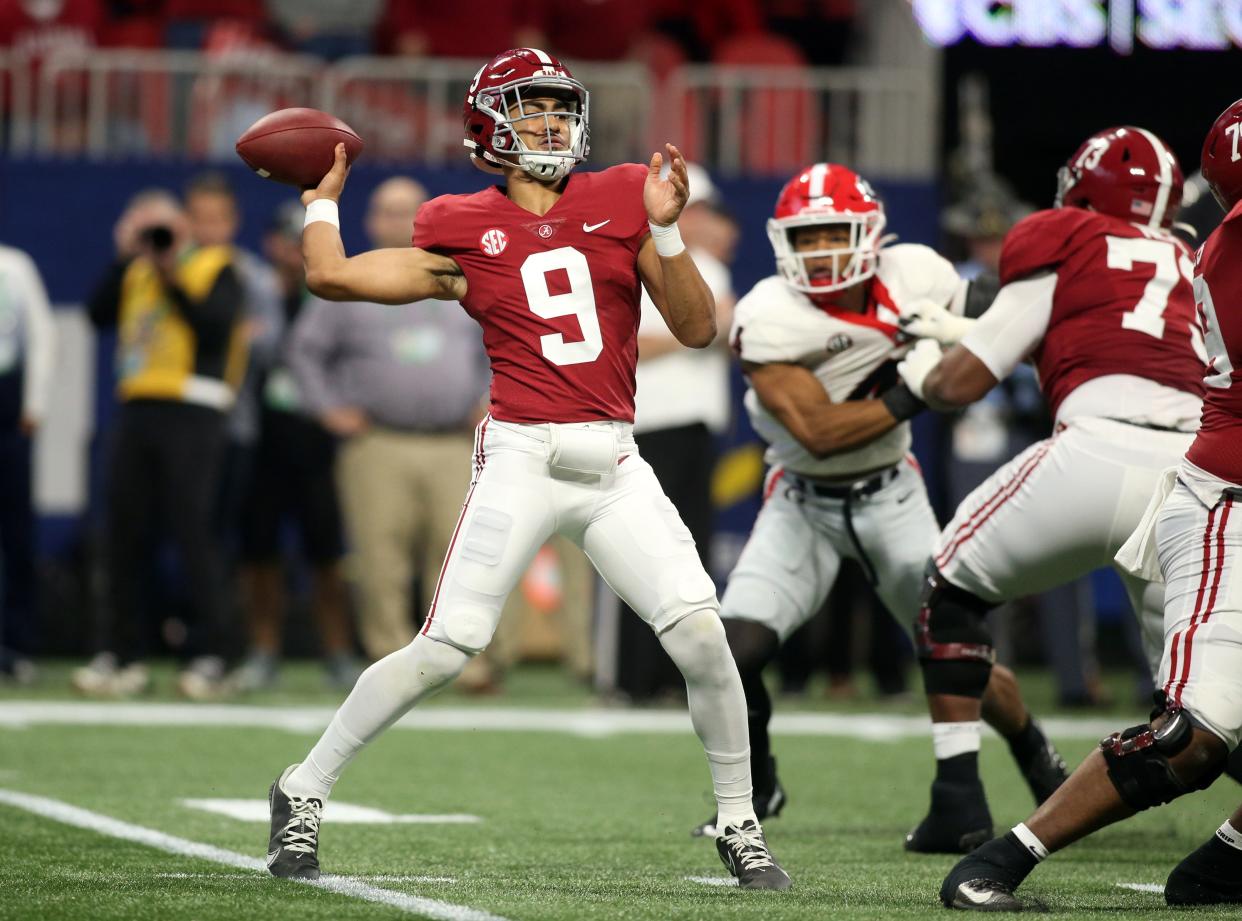 Dec 4, 2021; Atlanta, GA, USA; Alabama Crimson Tide quarterback Bryce Young (9) drops back to pass against the Georgia Bulldogs during the first quarter of the SEC championship game at Mercedes-Benz Stadium. Mandatory Credit: Brett Davis-USA TODAY Sports