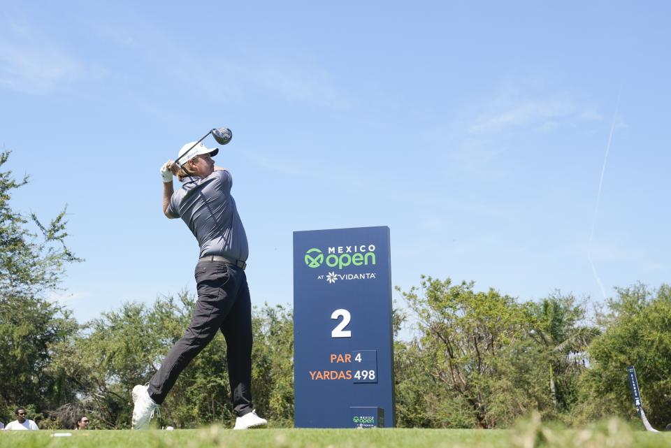 Sami Valimaki, of Finland, tees off on the first hole during the third round of the Mexico Open golf tournament in Puerto Vallarta, Mexico, Saturday, Feb. 24, 2024. (AP Photo/Fernando Llano)