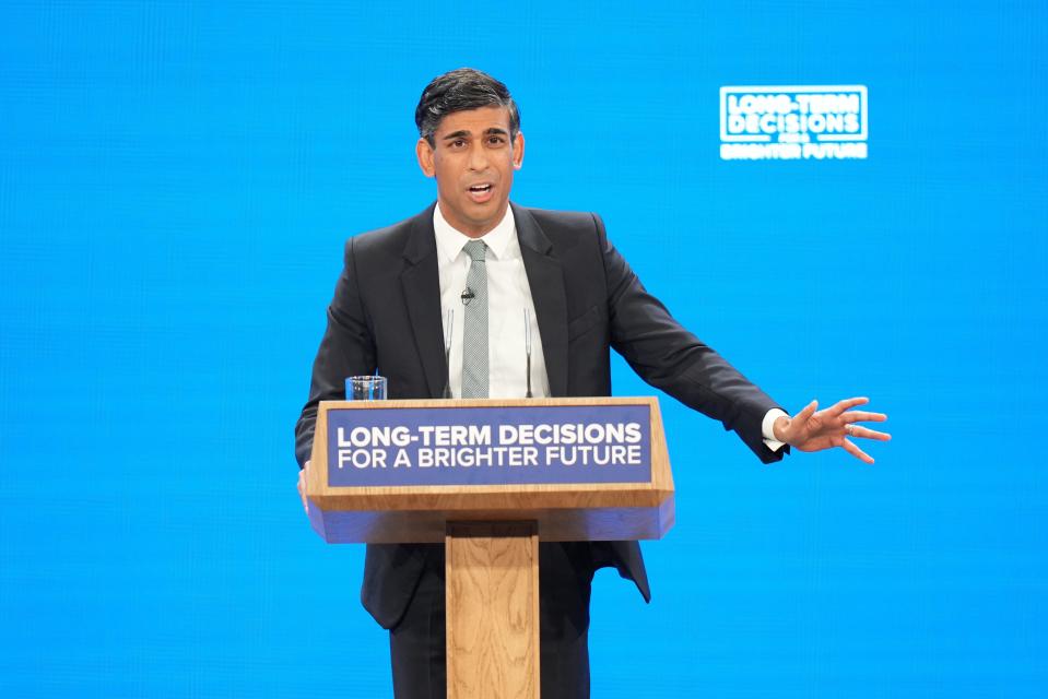 Prime Minister Rishi Sunak delivers his keynote speech at the Conservative Party annual conference at Manchester Central convention complex. Picture date: Wednesday October 4, 2023.