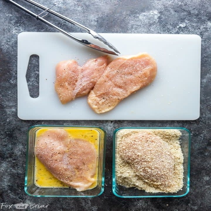 Chicken cutlets with breadcrumbs and egg.